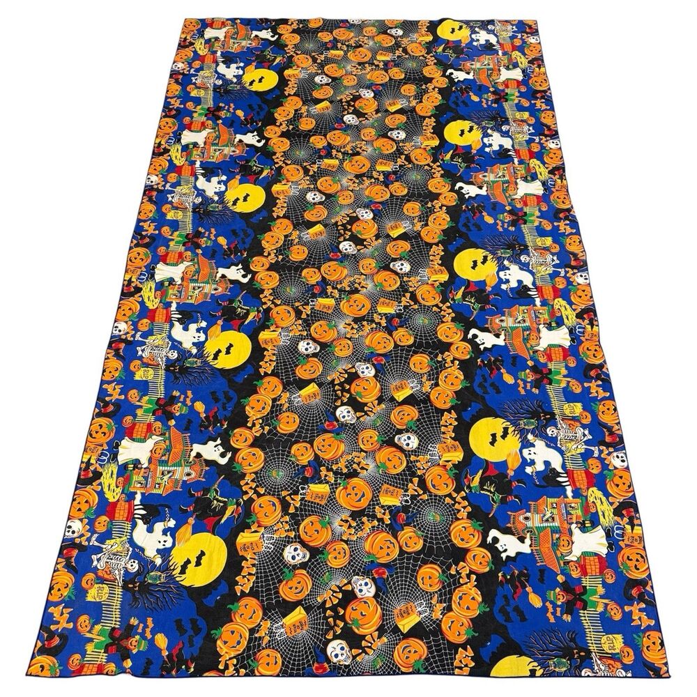 Vintage Halloween Fabric Tablecloth Material Print Ghosts Witches Pumpkins 95x56